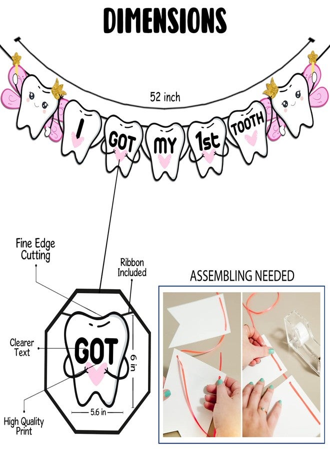 ZYOZIQUE ® I Got My First Tooth Decoration / First Tooth Decoration Items For Baby Girl - Paper Banner , Balloons, Cupcake & Cake Topper, Rice Light (Pack Of 38) - Image 3